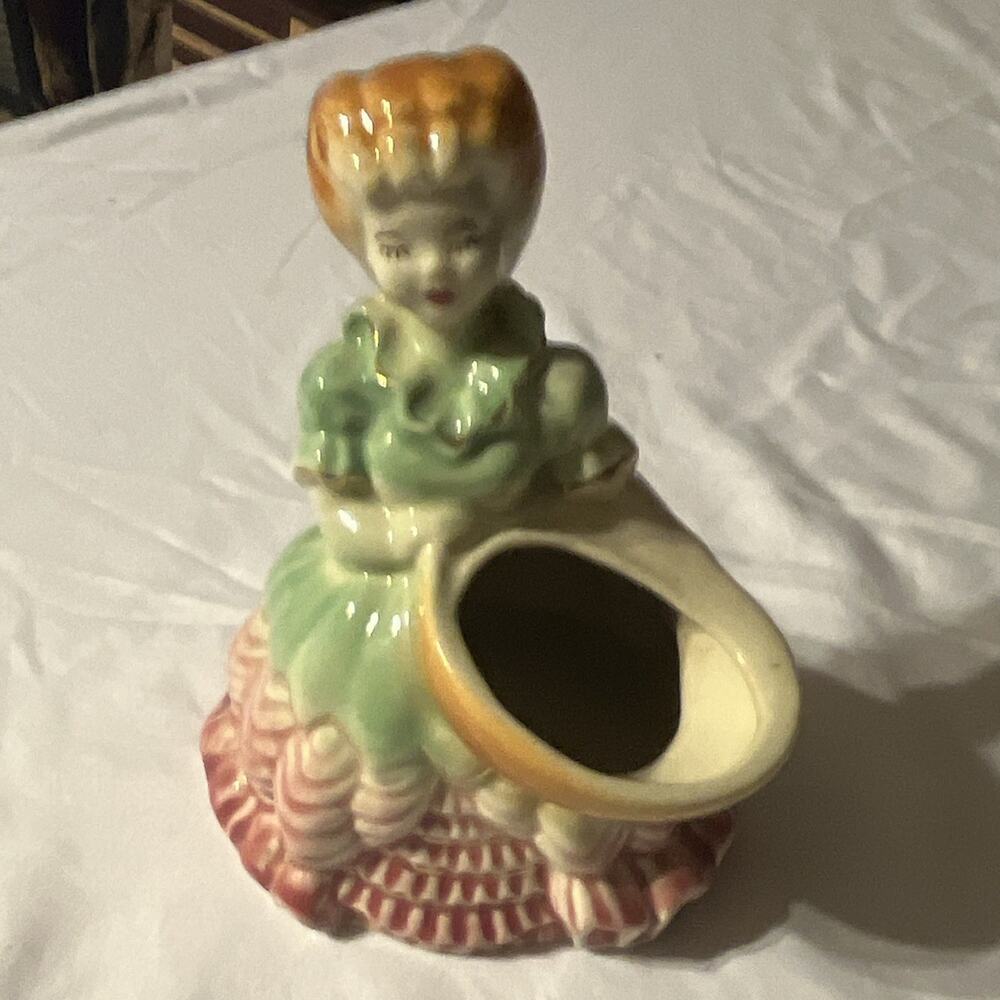 Vintage Ceramic Woman Figurine Bud Vase, Green Dress Pink Base, Small Gloss 6 in